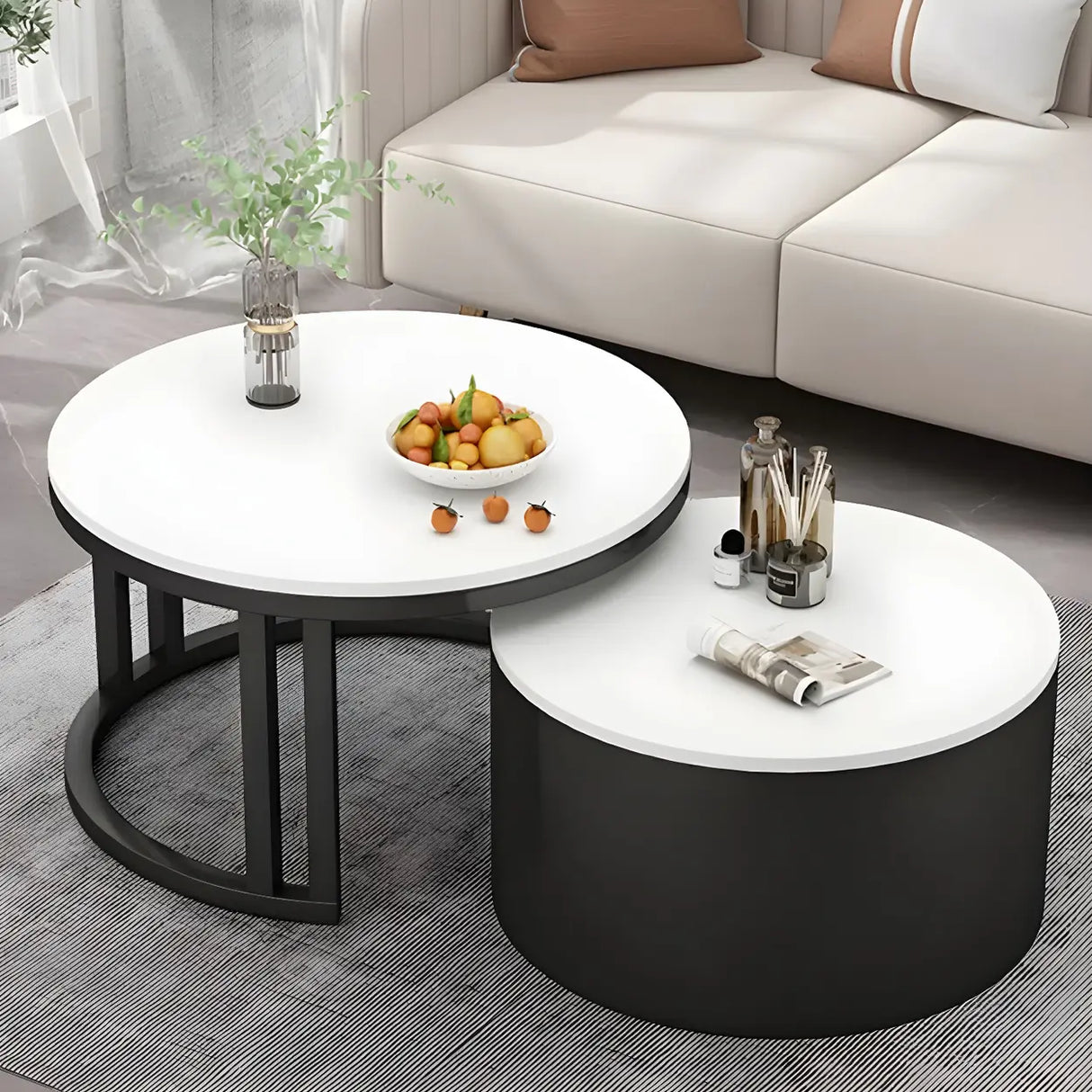 Wooden Stone Round Storage Nesting Coffee Tables Image - 6