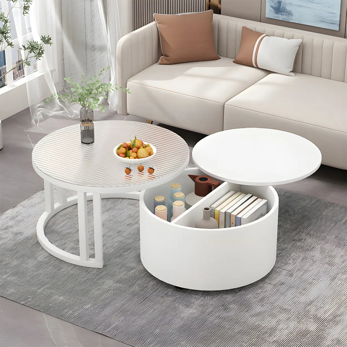 Wooden Stone Round Storage Nesting Coffee Tables Image - 7