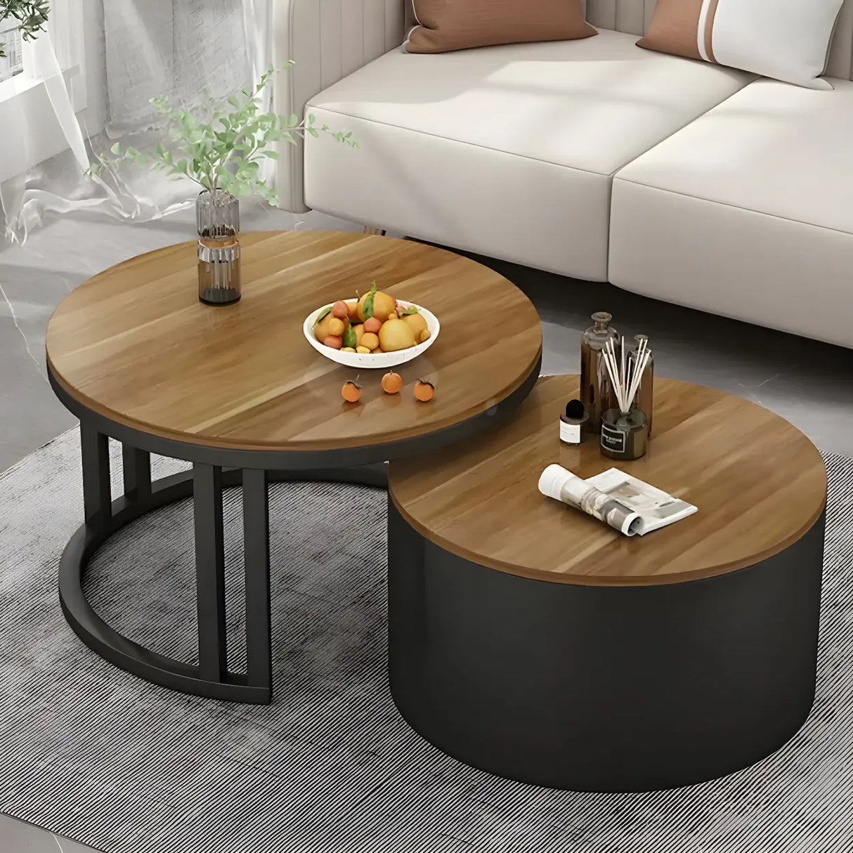 Wooden Stone Round Storage Nesting Coffee Tables Image - 8