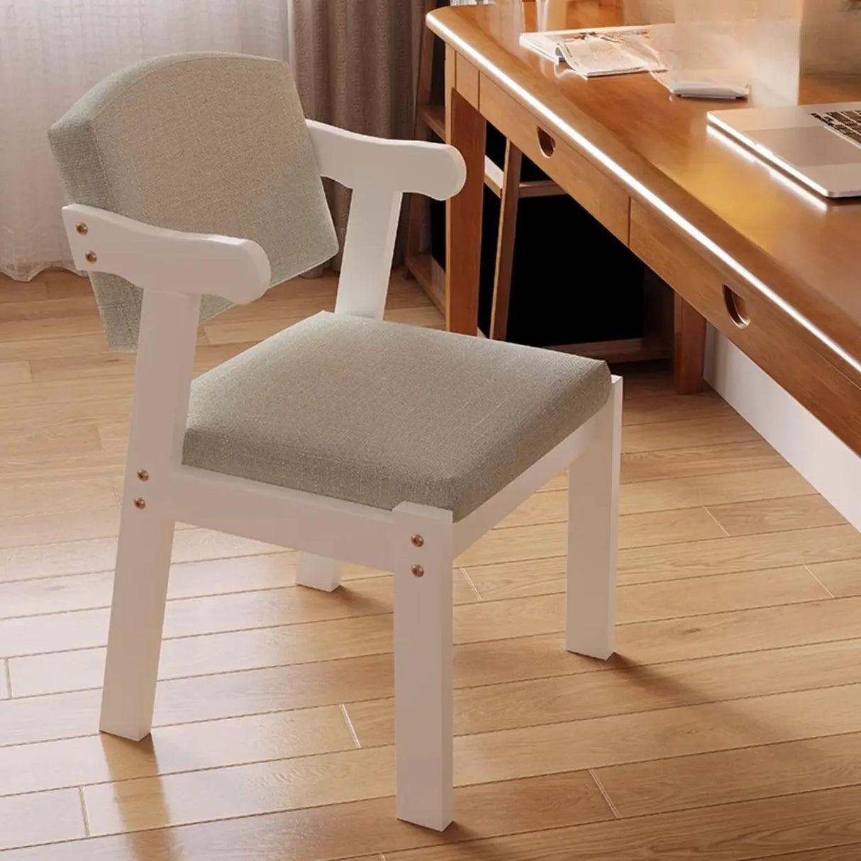 Wooden Upholstered Armrest Dining Chair Light Grey Image - 15