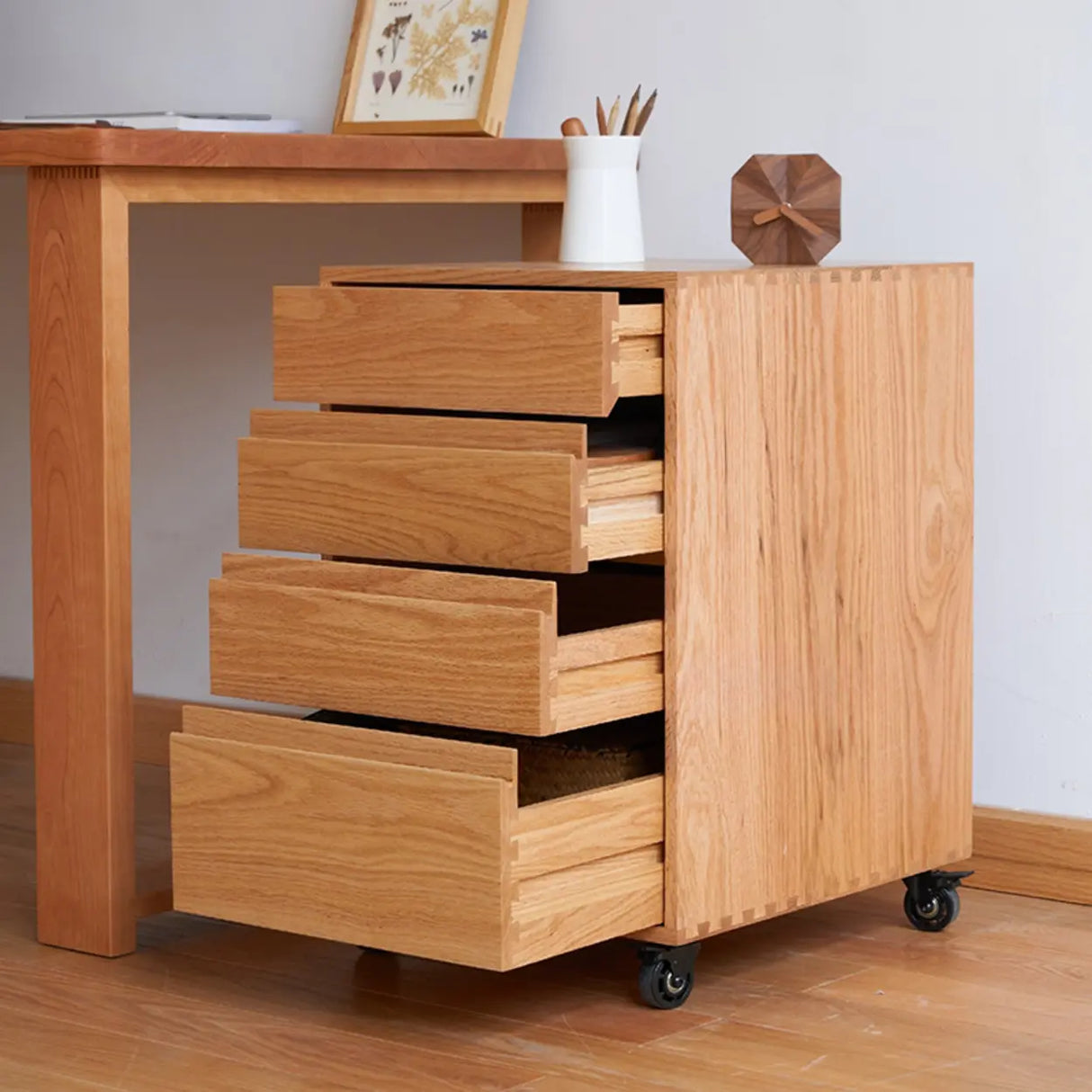 Wooden Vertical Oak Drawers Filing Cabinet with Wheels Image - 3