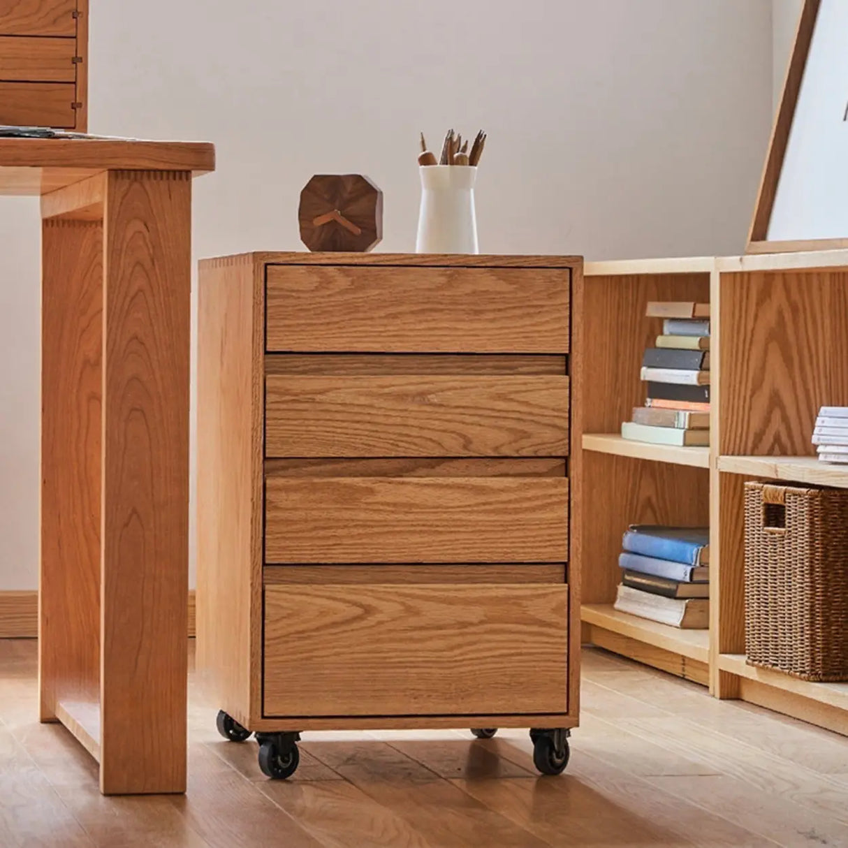 Wooden Vertical Oak Drawers Filing Cabinet with Wheels Image - 4