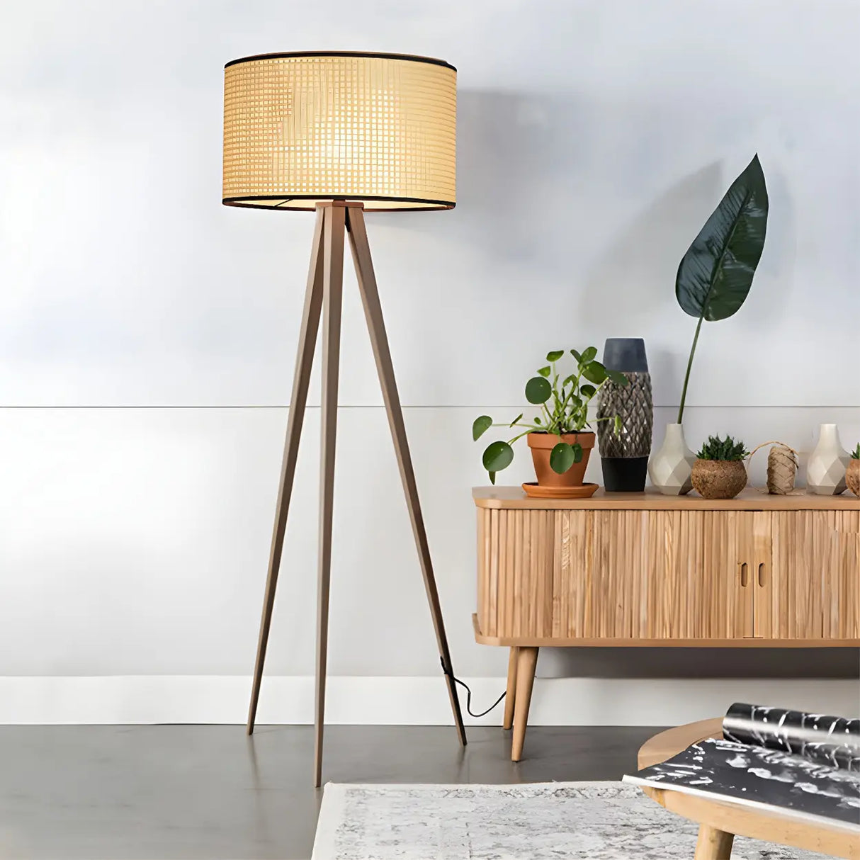 Woven Fabric Cylinder Shade Wooden Tripod Floor Lamp Image - 3