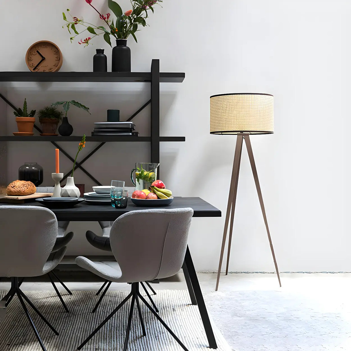 Woven Fabric Cylinder Shade Wooden Tripod Floor Lamp Image - 4