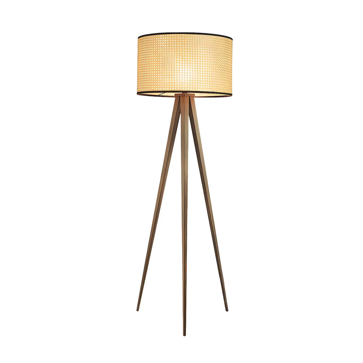 Woven Fabric Cylinder Shade Wooden Tripod Floor Lamp Image - 5