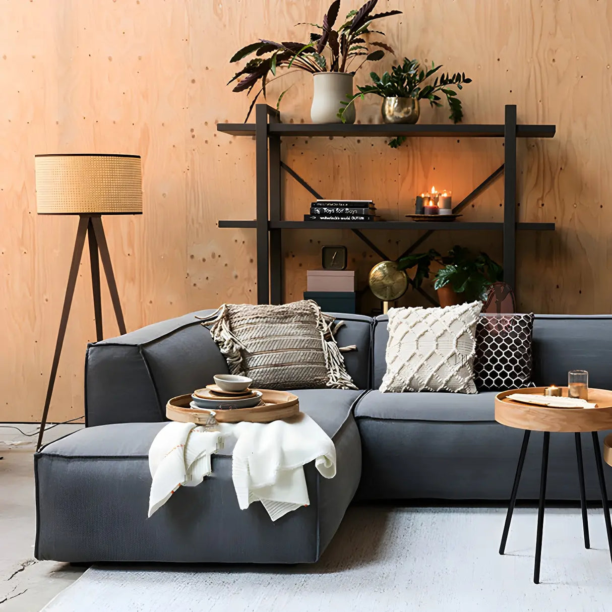 Woven Fabric Cylinder Shade Wooden Tripod Floor Lamp Image - 7