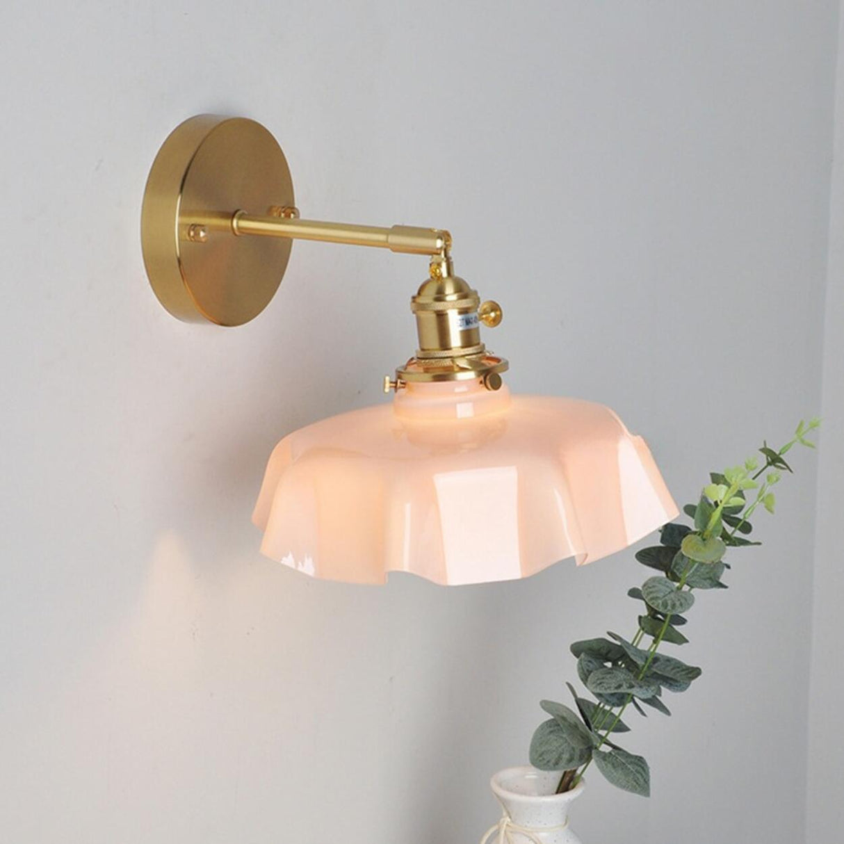 Yellow Scalloped Ceramic Shade Gold Arm Wall Sconce Image - 6