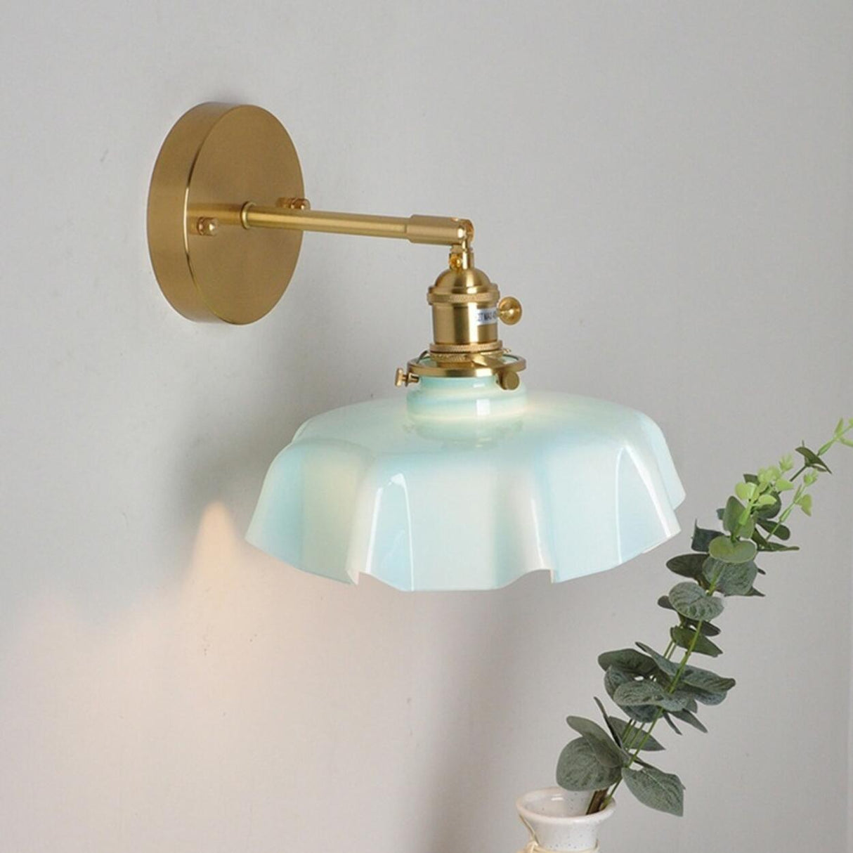 Yellow Scalloped Ceramic Shade Gold Arm Wall Sconce Image - 8