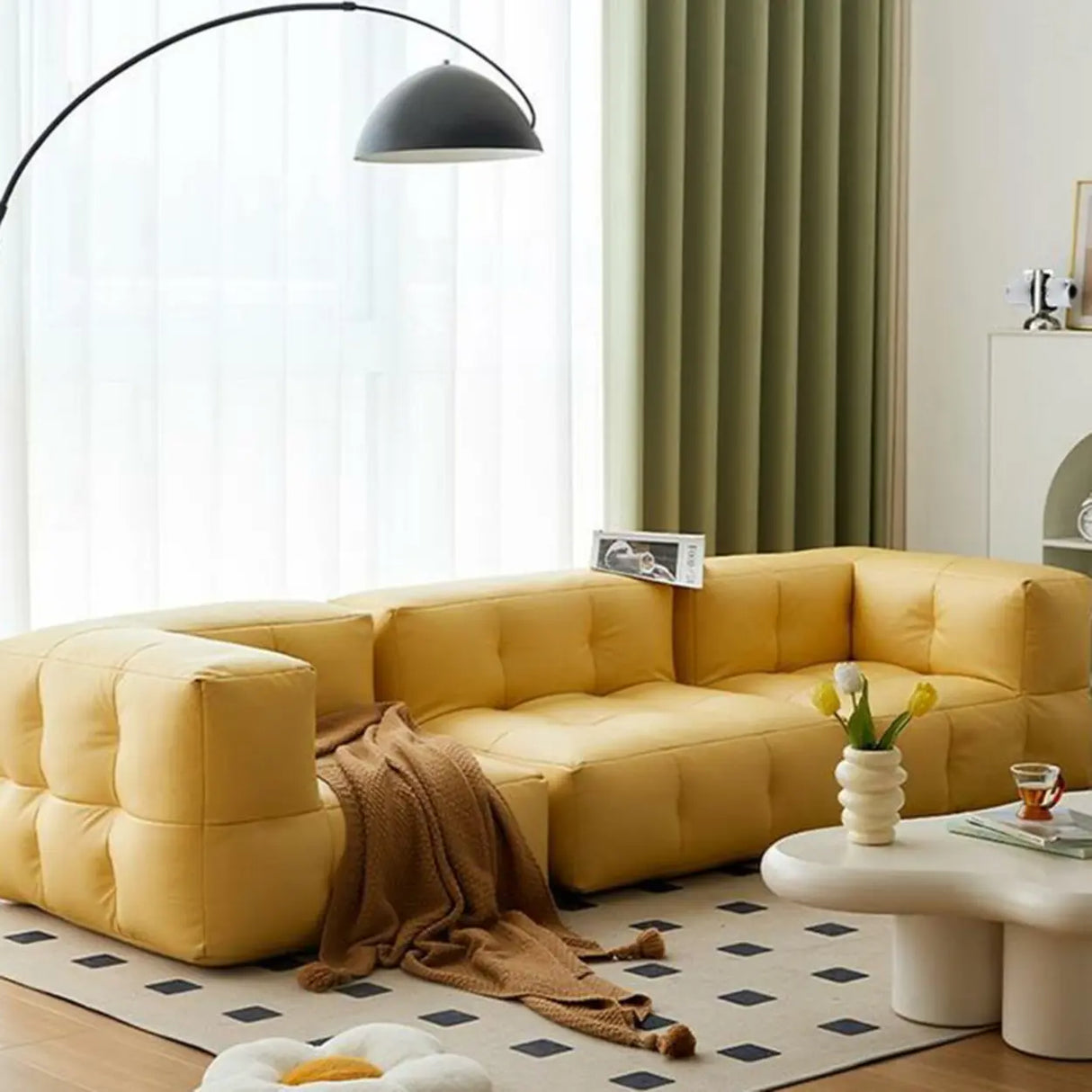 Yellow Tech Cloth Biscuit Back Reclining Corner Chair Image - 19