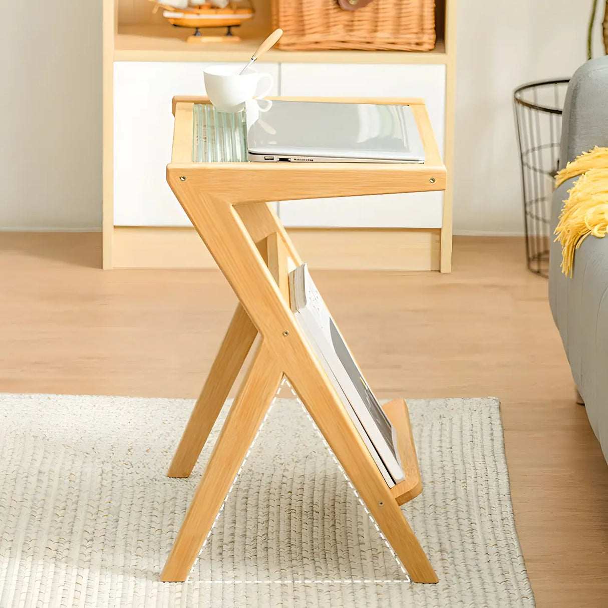 Z-Shaped Rattan Glass Top Natural Small Nightstand Image - 12