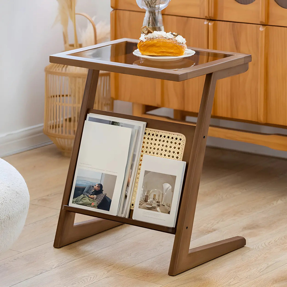 Z-Shaped Rattan Glass Top Natural Small Nightstand Image - 13