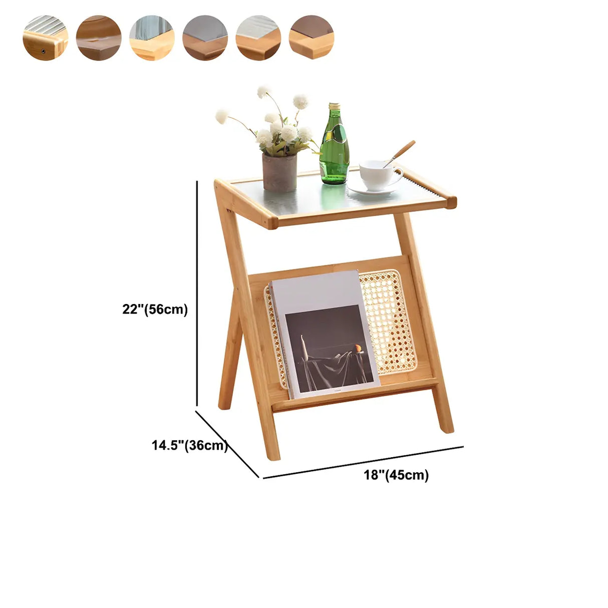 Z-Shaped Rattan Glass Top Natural Small Nightstand