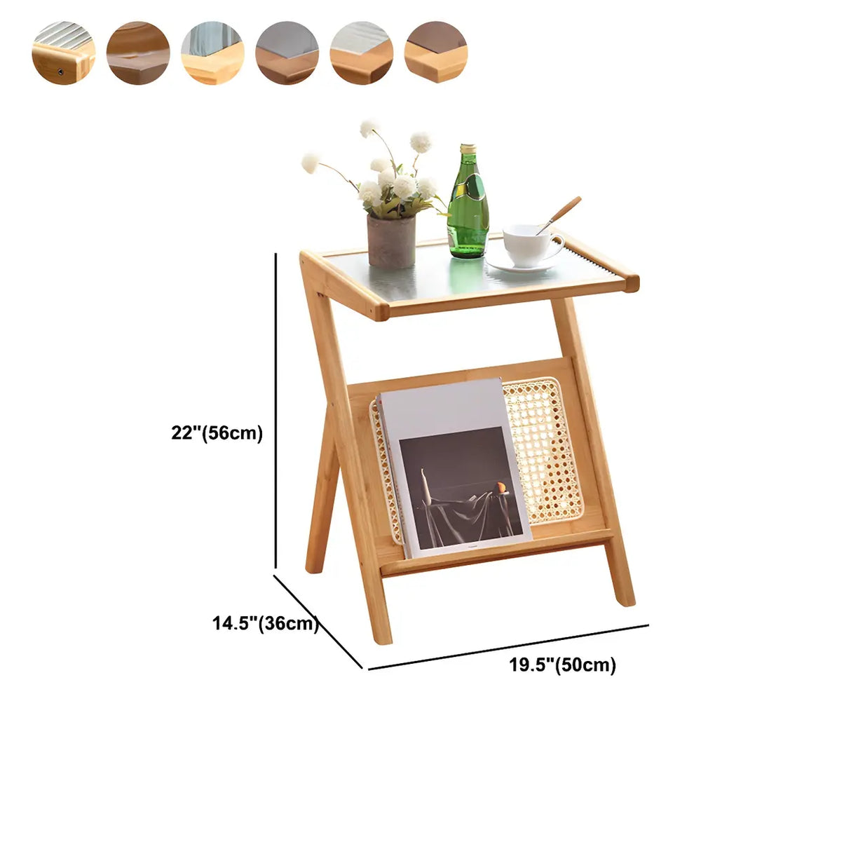 Z-Shaped Rattan Glass Top Natural Small Nightstand Image - 15
