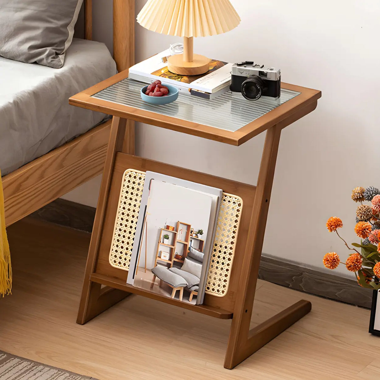 Z-Shaped Rattan Glass Top Natural Small Nightstand Image - 1