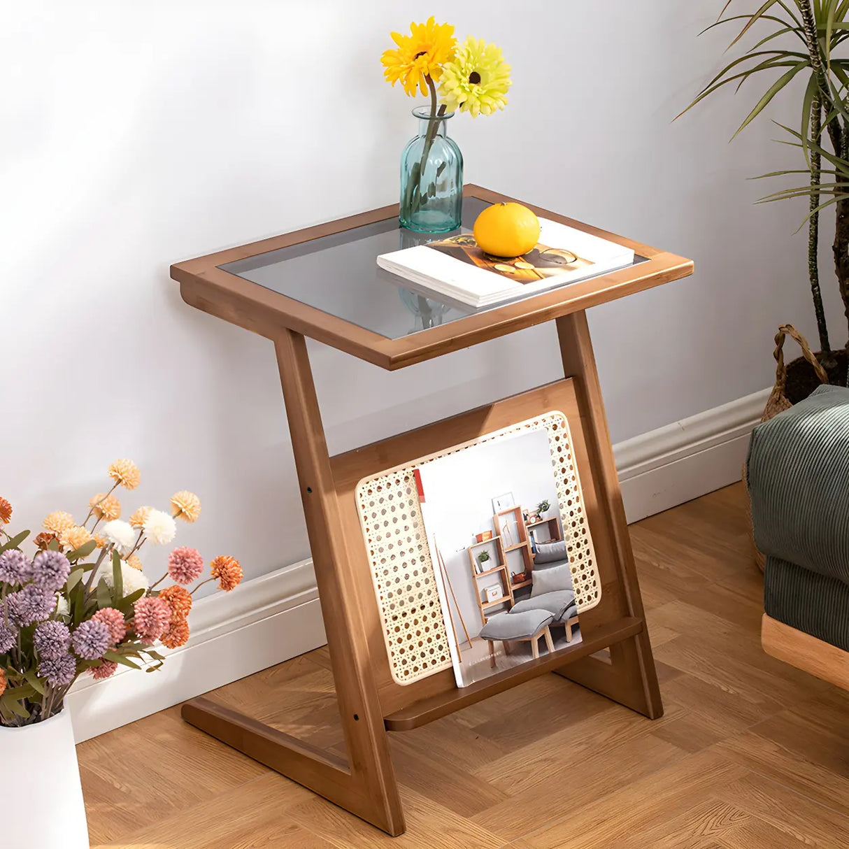 Z-Shaped Rattan Glass Top Natural Small Nightstand Image - 2