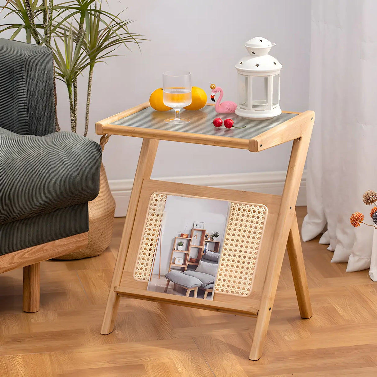 Z-Shaped Rattan Glass Top Natural Small Nightstand Image - 4