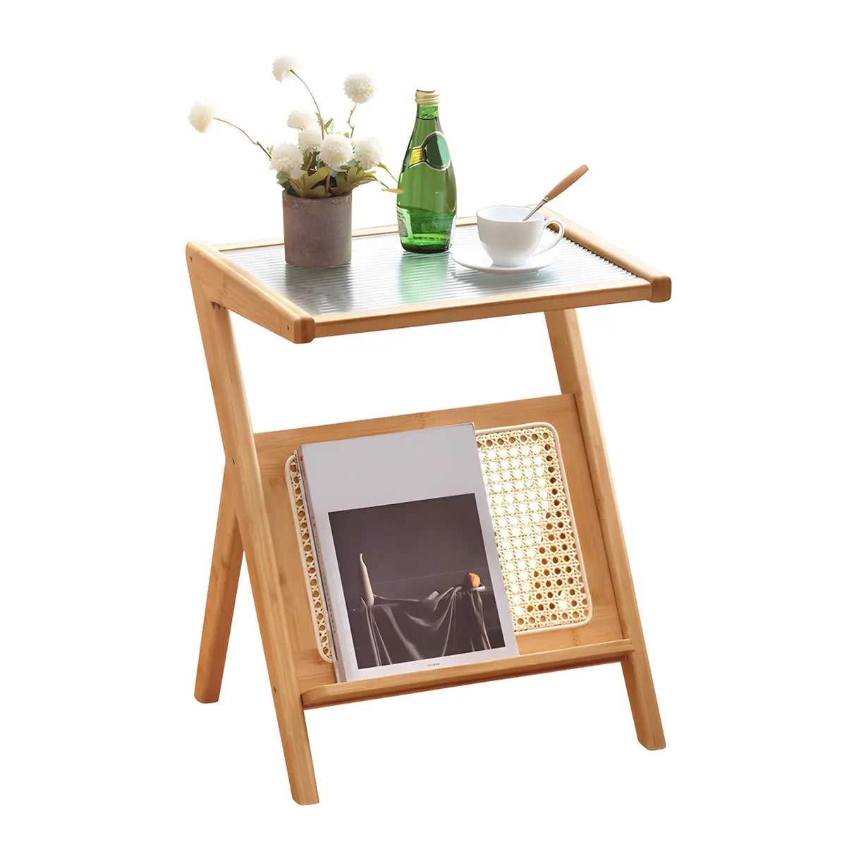 Z-Shaped Rattan Glass Top Natural Small Nightstand Image - 5