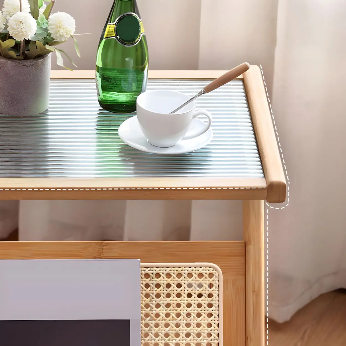 Z-Shaped Rattan Glass Top Natural Small Nightstand Image - 7