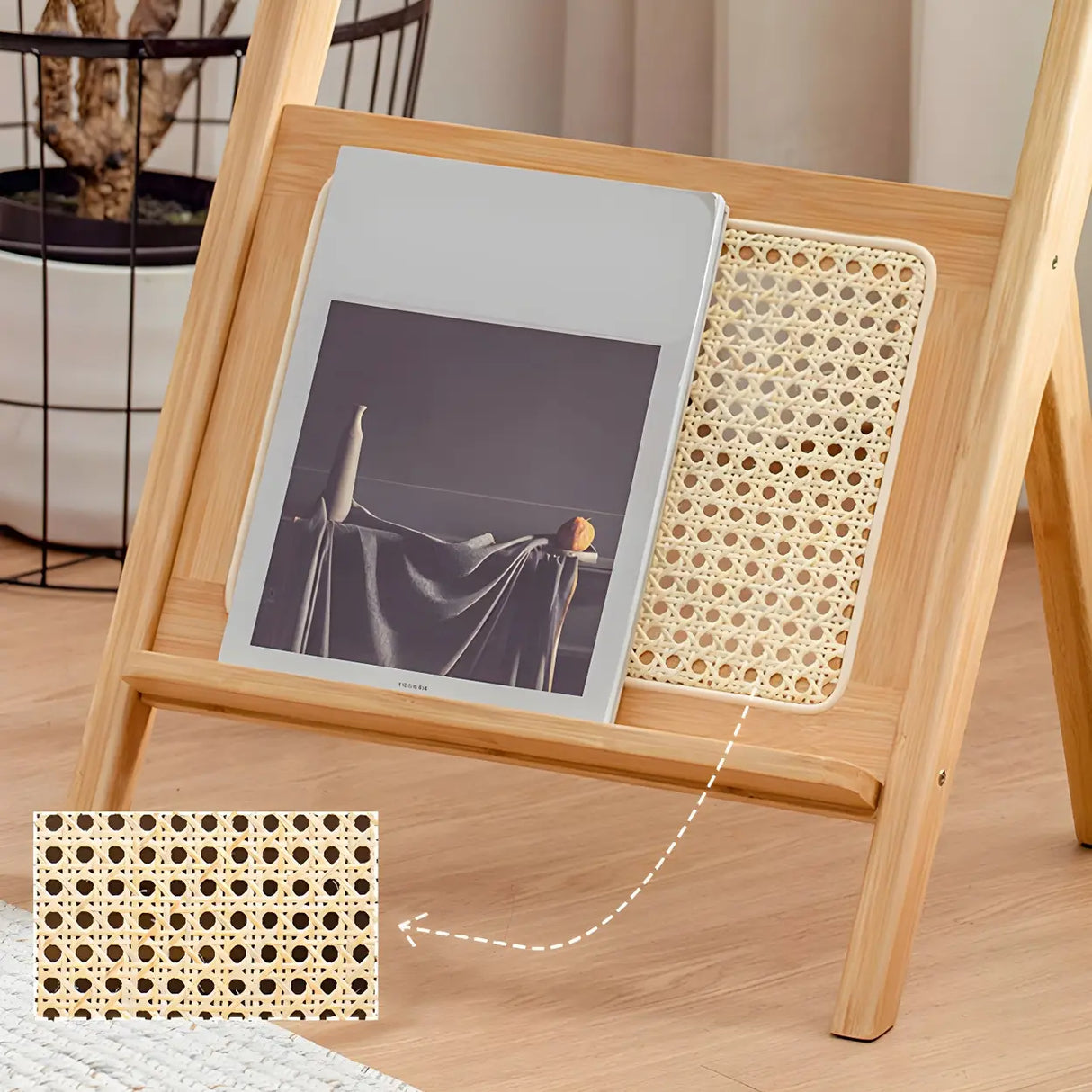 Z-Shaped Rattan Glass Top Natural Small Nightstand Image - 9