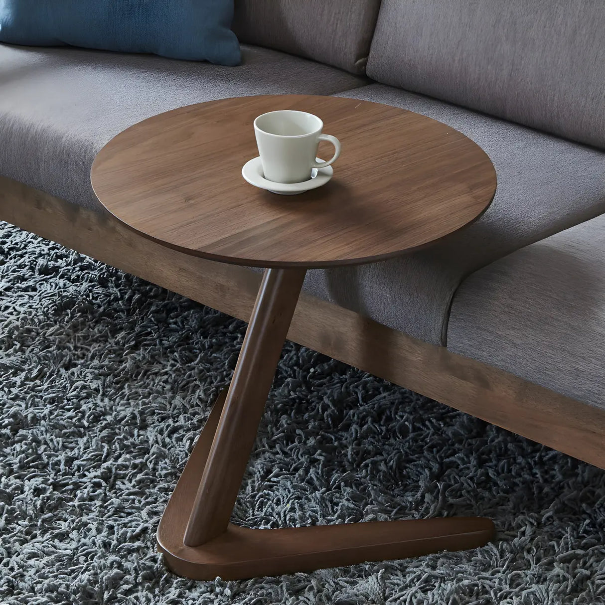 Z-Shaped Round Wood Walnut Finish Side Table Image - 1