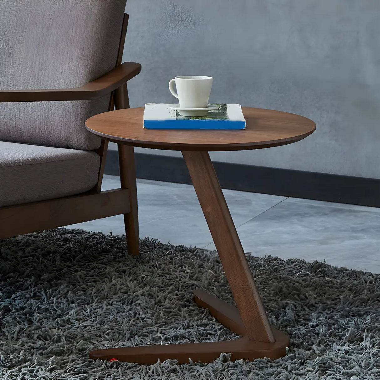 Z-Shaped Round Wood Walnut Finish Side Table Image - 13