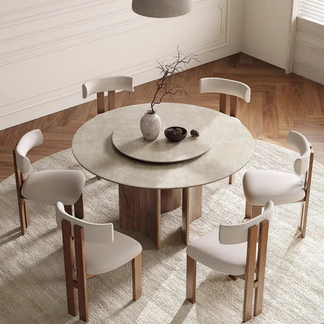 Modern Scandinavian Khaki Stone Round Wood Base Dining Table Image - 5