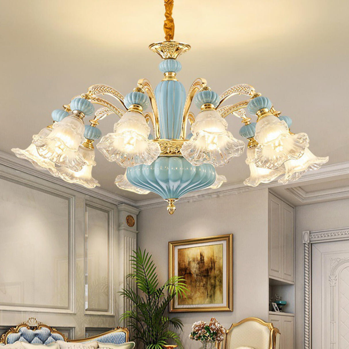10-Light Vintage Blue Porcelain Flower Chandelier Image - 1