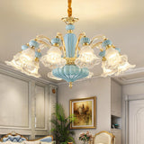 10-Light Vintage Blue Porcelain Flower Chandelier Image - 1