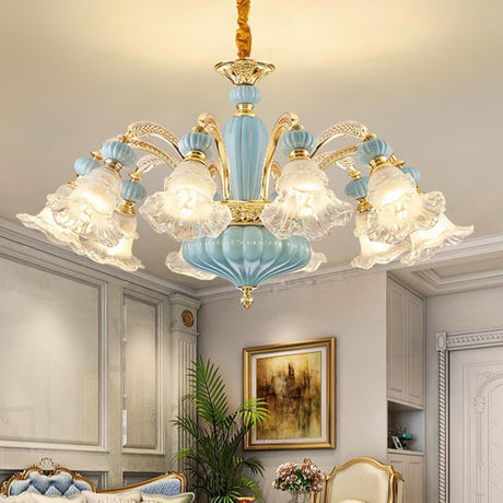 10-Light Vintage Blue Porcelain Flower Chandelier Image - 1