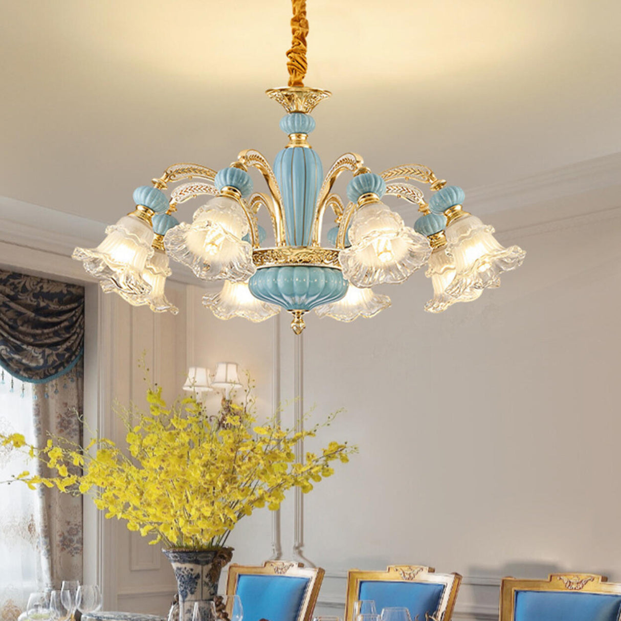 10-Light Vintage Blue Porcelain Flower Chandelier Image - 2