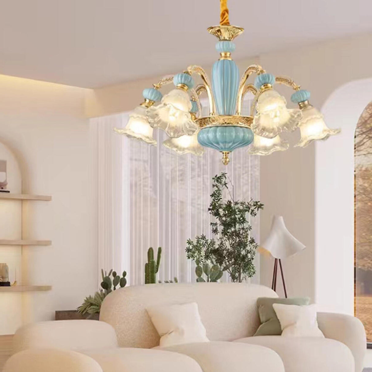 10-Light Vintage Blue Porcelain Flower Chandelier Image - 3