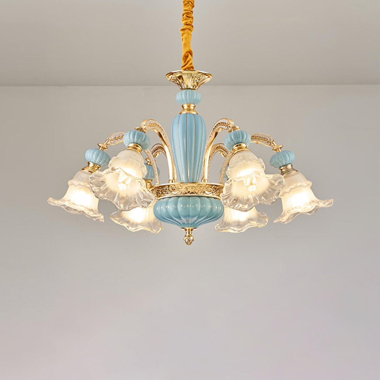 10-Light Vintage Blue Porcelain Flower Chandelier Image - 4