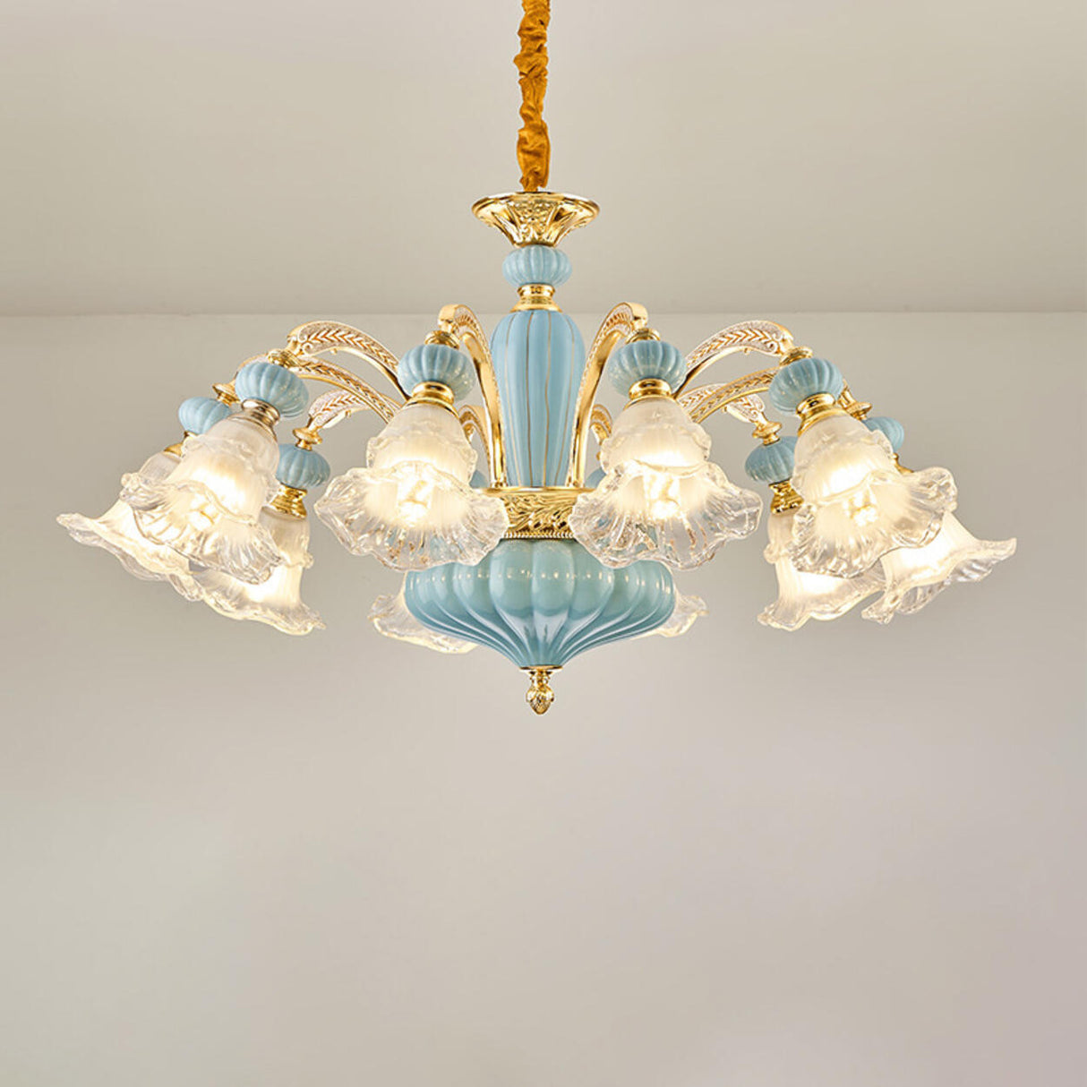 10-Light Vintage Blue Porcelain Flower Chandelier Image - 6