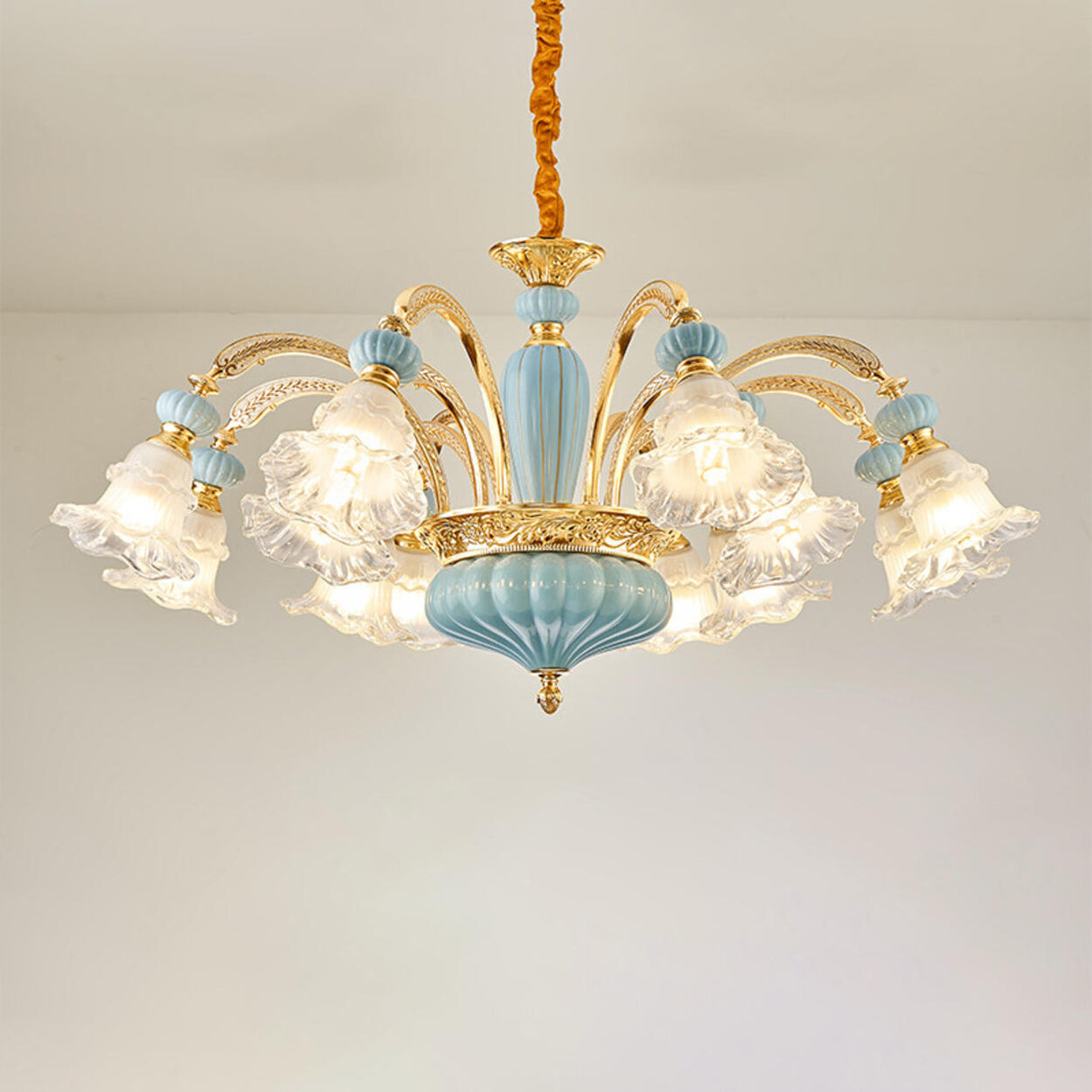 10-Light Vintage Blue Porcelain Flower Chandelier Image - 7