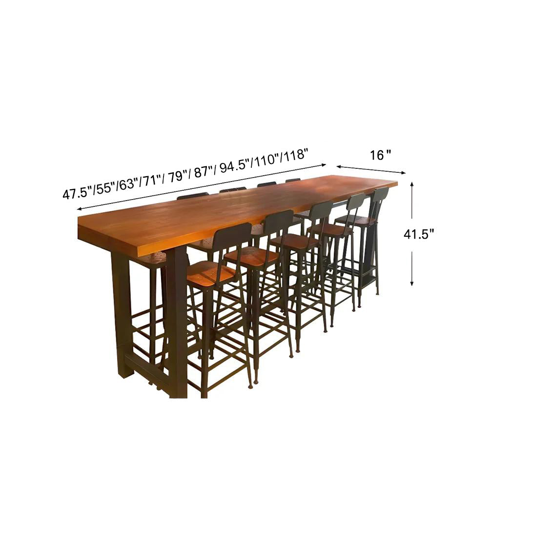 Brown Rectangular Wood Metal Long Bar Table With Footrest