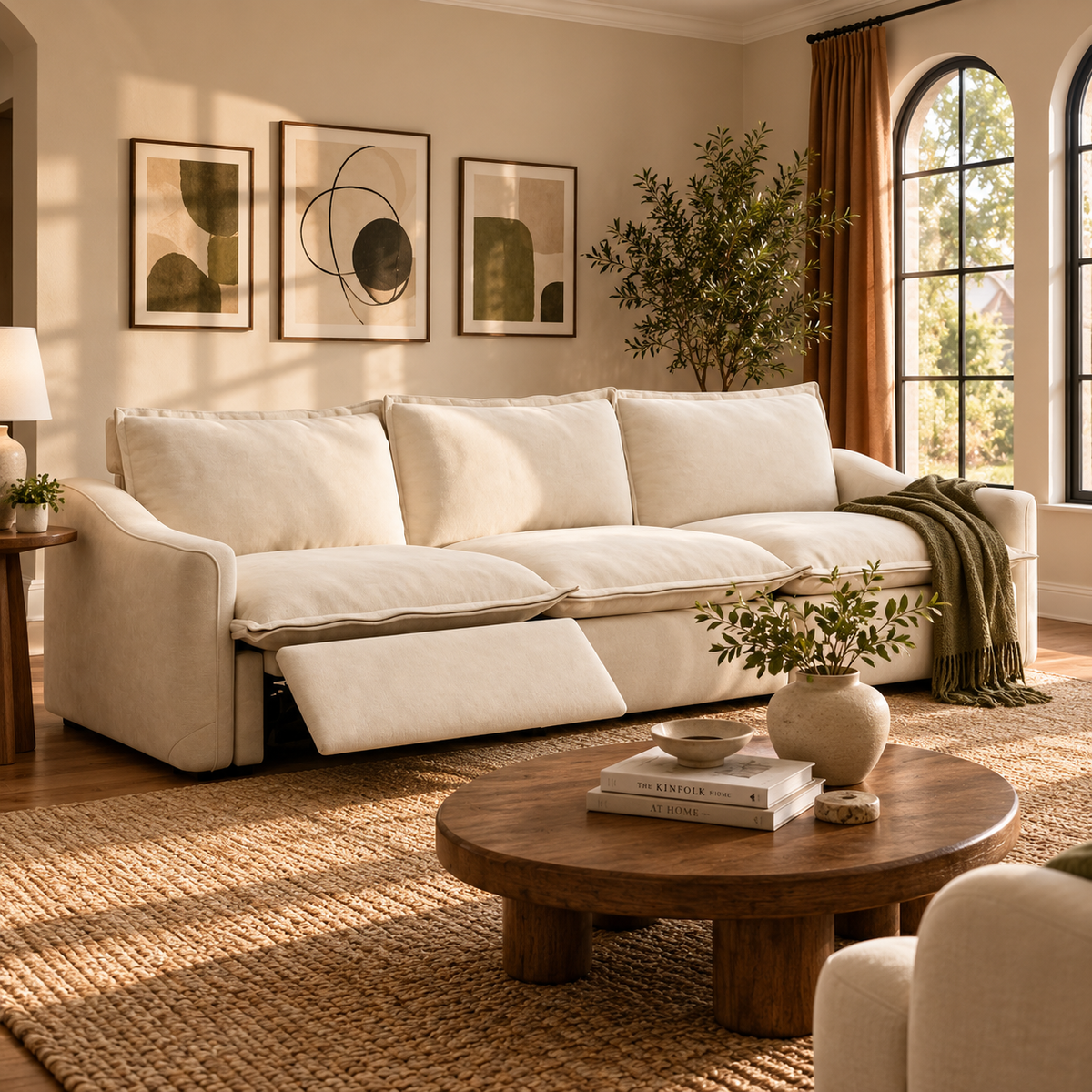 Beige 3-seater power reclining modular sofa with one extended footrest in a warm living room