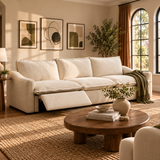 Beige 3-seater power reclining modular sofa with one extended footrest in a warm living room