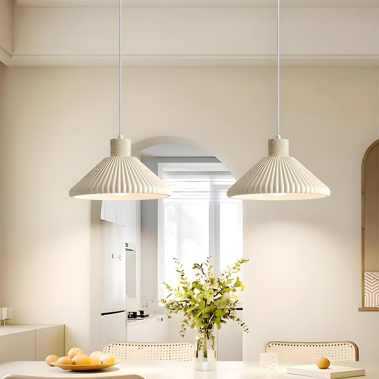 2-Light Modern White Ribbed Cone Island Pendant Light Image - 6
