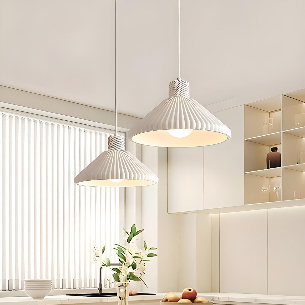 2-Light Modern White Ribbed Cone Island Pendant Light Image - 8