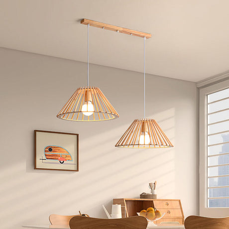 2-Light Rustic Cone Rubber Wood Kitchen Pendant Light Image - 1