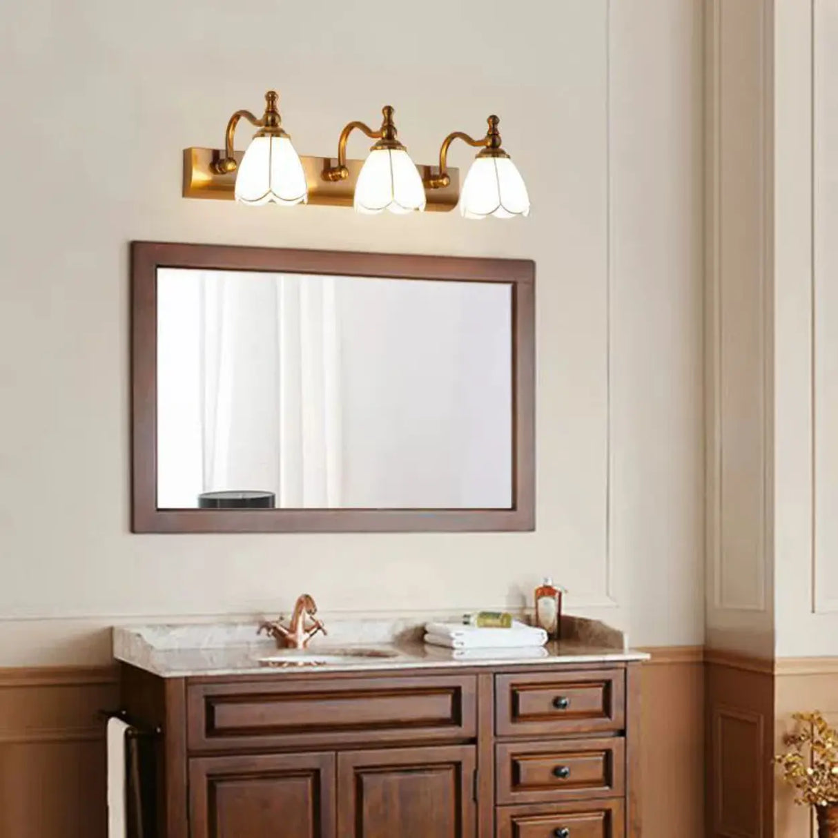 2-Light Vintage Brass Floral Glass LED Vanity Light Image - 6