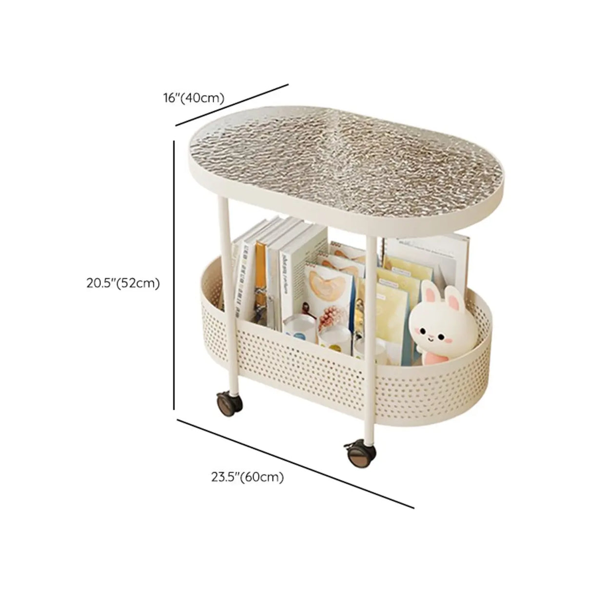 2 Tiers Oval Acrylic Off-White Rolling Chairside Table Image - 18