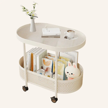 2 Tiers Oval Acrylic Off-White Rolling Chairside Table Image - 2