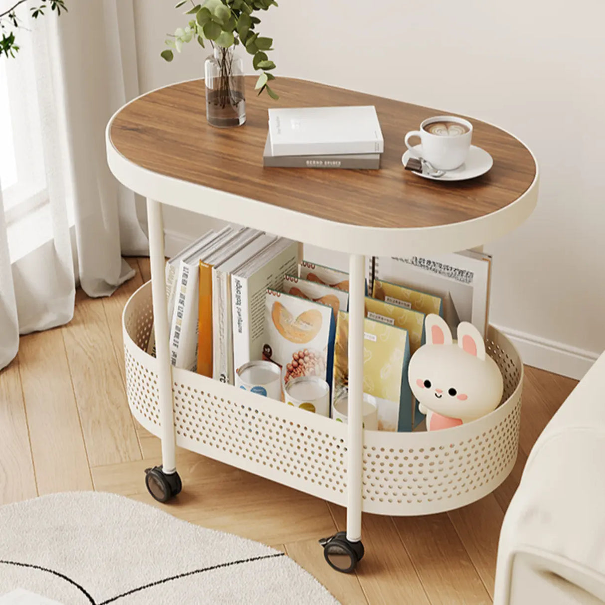 2 Tiers Oval Acrylic Off-White Rolling Chairside Table Image - 6