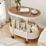 2 Tiers Oval Acrylic Off-White Rolling Chairside Table Image - 6