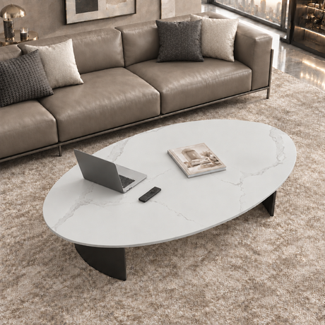 Oval Scratch Resistant Stone Top Iron Base Coffee Table