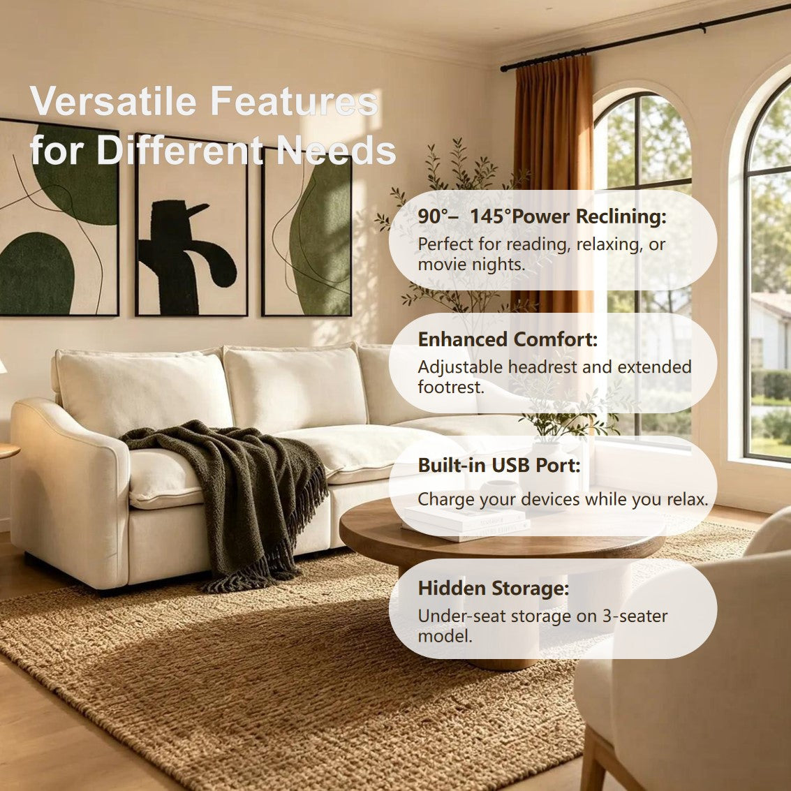 Beige 3-seater power reclining sofa graphic showing 90 to 145 degree recline, USB charging and hidden storage