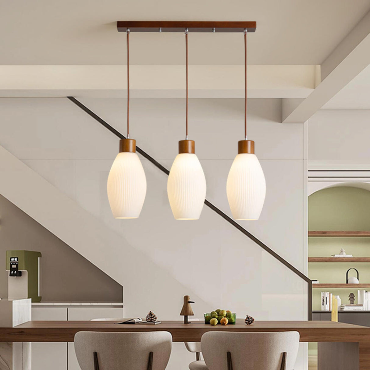 3-Light Cylinder Ribbed Wooden Modern Island Light Image - 13