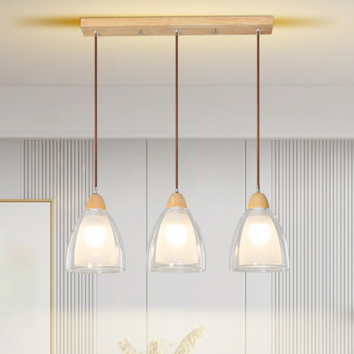 3-Light Cylinder Ribbed Wooden Modern Island Light Image - 14