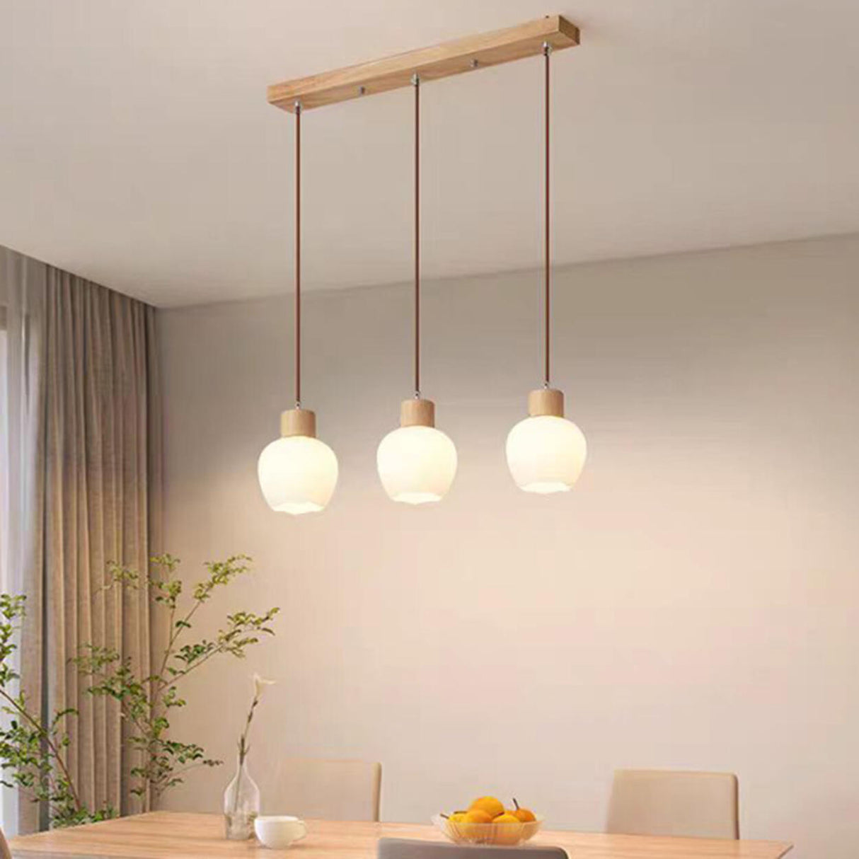 3-Light Cylinder Ribbed Wooden Modern Island Light Image - 15